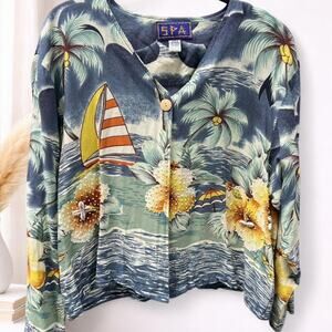 SPA Vintage Tropical Rayon Beaded Cowrie Shell Sailboat Hibiscus Blouse Large